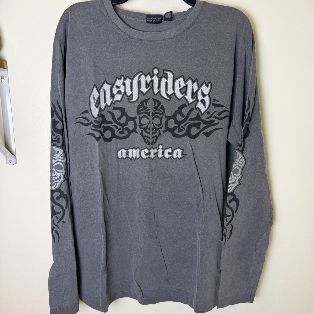 Vintage Easyriders Shirt Mens XL Gray 90S Y2K Biker Motorcycle Long Sleeve Print